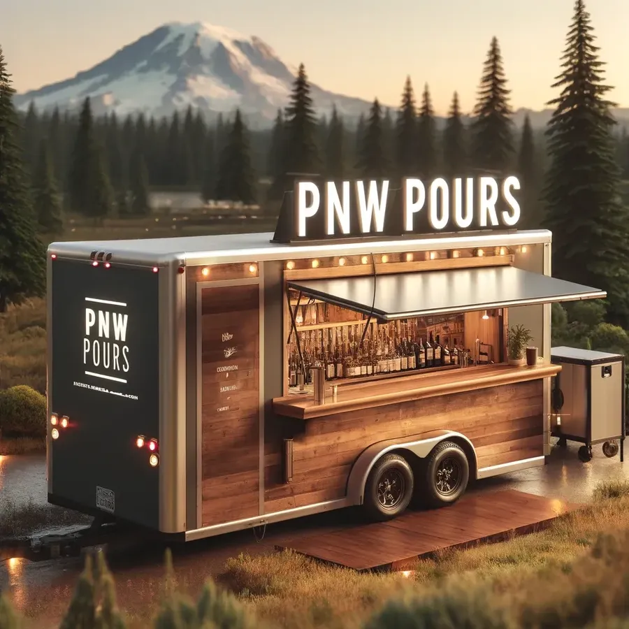 DALL·E 2024-11-06 23.16.50 - A photorealistic image for _PNW POURS,_ with the text in bold white over a background featuring the mobile bar trailer. The trailer is rustic and styl.webp